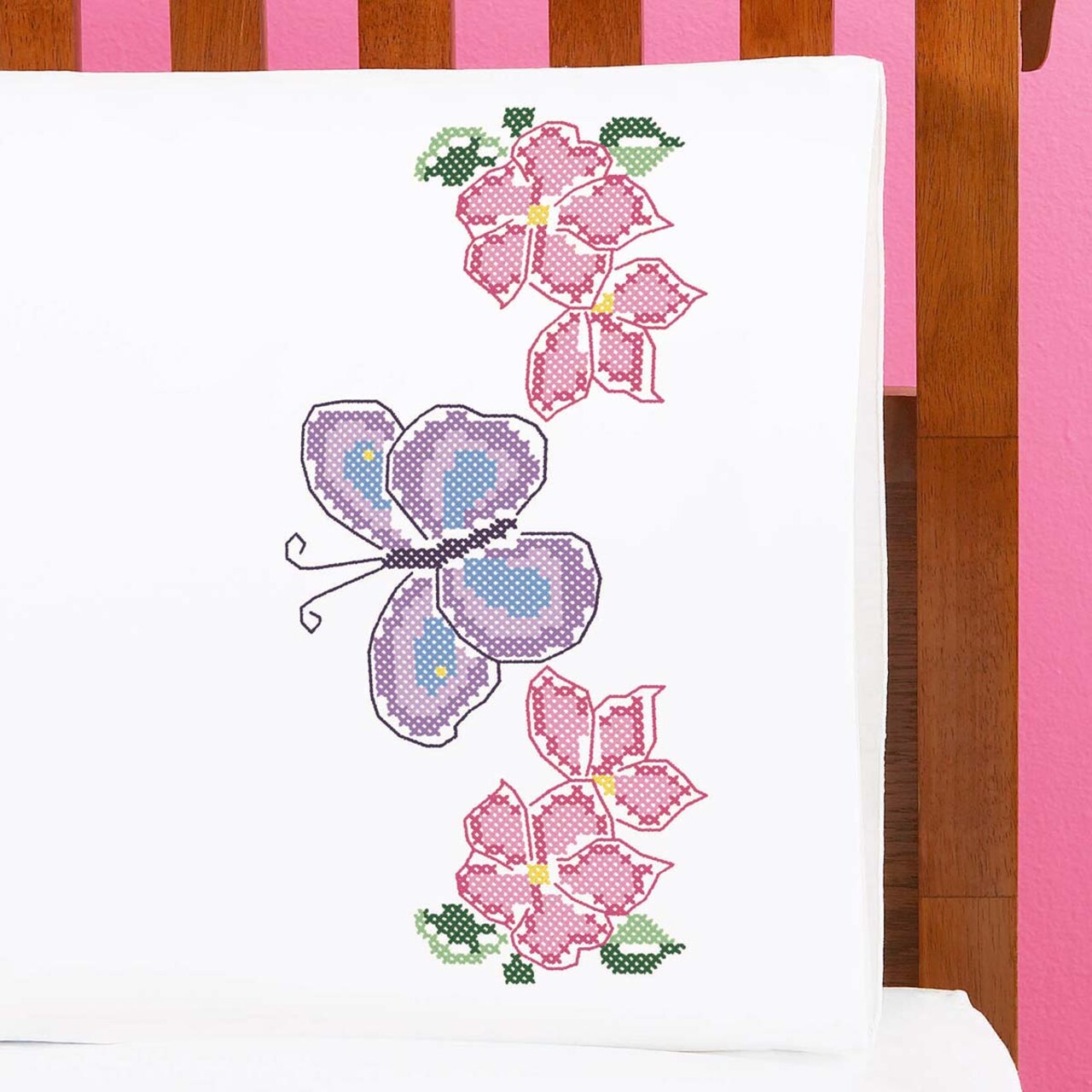 Herrschners Floral Butterfly Pillowcase Pair Stamped Cross-Stitch